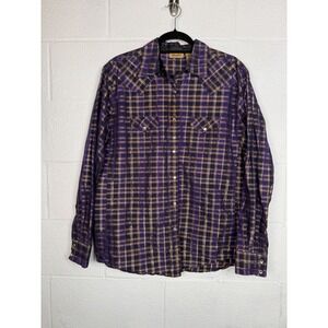 Wrangler Purple Gold Plaid Snap Western Shirt XL NFR Holiday Glam Cowgirl